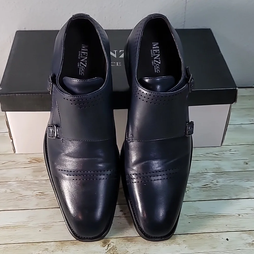 Menz GGG Double Monk Strap Men's Dress Shoes Navy Blue Pleather‎ Silver Hardware